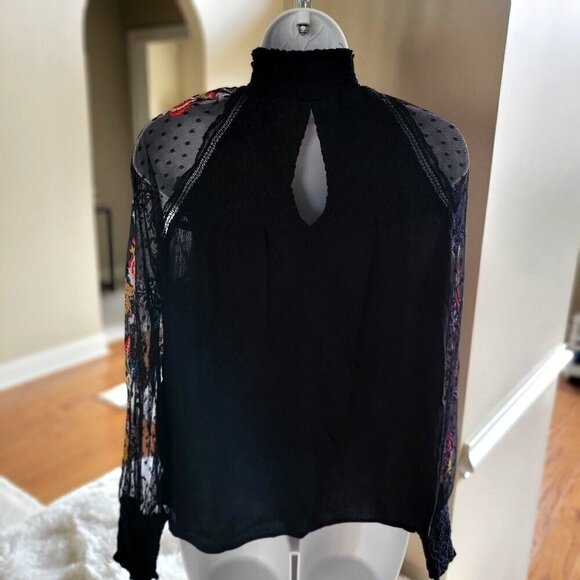 BANJARA Black Long Sleeve High Neck Sheer Lace Embroidered Blouse- S - Picture 2 of 7